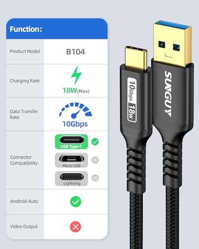 SUNGUY 10Gbps Android Auto USB Cable 3FT, 3A USB C 3.1 Gen2 Cable Data Transfer, USB C CarPlay Cable Fast Charging Compatible with iPhone 17/16/15 Series, Samsung Galaxy S25 S24 Ultra, Pixel-Black - color: Black, size: 3FT