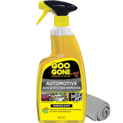 Goo Gone Automotive Adhesive Remover, Goo & Grime Cleaner for Bumper Stickers, Decals, Tree Sap, Brake Dust, Bird Droppings, Gum, Spray Paint, Asphalt, 24 oz with MicroFiber Buffing Towel - size: 24 Fl Oz (Pack of 1)