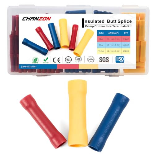 Chanzon 150pcs UL Buttet Connectors Kit 10 12 14 16 18 22 AWG PVC Insulated - size: Butt Splice Assorted, style: 22-10AWG All Sizes