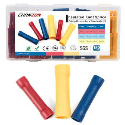 Chanzon 150pcs UL Buttet Connectors Kit 10 12 14 16 18 22 AWG PVC Insulated - size: Butt Splice Assorted, style: 22-10AWG All Sizes