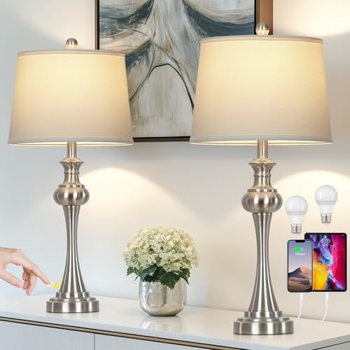 CINSARY Silver Table Lamps Set of 2, 29" Bedside Lamps with USB C+A - color: Silver-set of 2