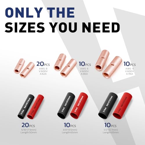 haisstronica 80PCS Non-Insulated Butt Connectors AWG 8-4 with Heat Shrink