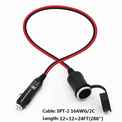 12V Cigarette Lighter Extension Cord 12FT -Car Charger Cigar Lighter Male Plug to Female Socket 16AWG Heavy Duty Extension Cable with LED Lights Extender for Air Compressor Pump and Tire Inflator 15A - size: 12FT-2PACK