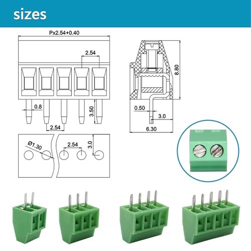 52PCS 2.54mm 0.1" Pitch PCB Mount Screw Terminal Block Connector, Minidodoca 2P 3P 4P 5P Terminals 150V 6A for 26-18AWG Cable，Equipped with Special Screwdriver - style: 52pcs Terminal Block Connector