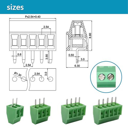 52PCS 2.54mm 0.1" Pitch PCB Mount Screw Terminal Block Connector, Minidodoca 2P 3P 4P 5P Terminals 150V 6A for 26-18AWG Cable，Equipped with Special Screwdriver - style: 52pcs Terminal Block Connector
