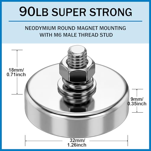 Flutesan 4pc Strong Round Mounting Magnet with Bolt, 1.26"-75lb-M6 Silver - color: Silver, size: 1.26in-90lb-M6