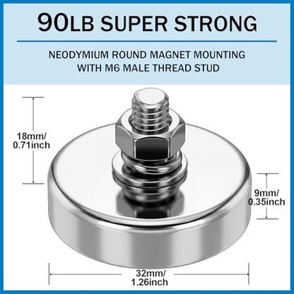 Flutesan 4pc Strong Round Mounting Magnet with Bolt, 1.26"-75lb-M6 Silver - color: Silver, size: 1.26in-90lb-M6