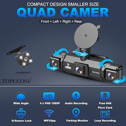 4 Channel Dash Cam 360° View, TOPGOOSE 2K FHD Front and Rear Inside, Left Right Dash Camera for Cars, 5G WiFi & APP Control, with 64GB SD Card, G-Sensor, 8 IR Lamps Night Vision (3.17 inches) - size: 3.17 inches
