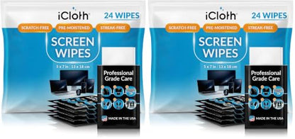 iCloth Screen Cleaning Wipes Individually Wrapped Travel Size Streak-Free 24 Large Wipes(Pack of 2) - size: 24 Count (Pack of 2)
