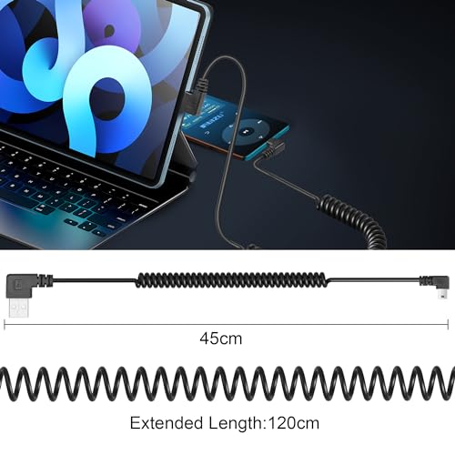 YACSEJAO Coiled Mini USB Cable 90 Degree, USB Type A to Mini B Male Data Sync & Charge Spiral Cable for Printers, Cameras, Mouse, Cell Phone (Dual Left)