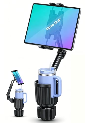 2-in-1 Cup Holder Tablet Mount Expander, 15" Adjustable Arm & 360° Rotation Heavy Duty Car Tablet Holder for iPad iPhone Smartphones, Universal Fit for Most Bottles in Car SUV Truck