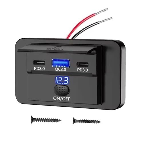 3 Ports USB Car Charger Outlet Socket for RV Bus Boats Truck, 2 PD+1 QC - color: Blue Voltage Light