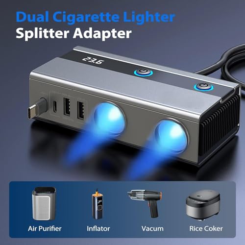 6-in-1 Cigarette Lighter Splitter, 65W PD Fast Charging, 120W Total Output, Two 12V Sockets, Retractable USB-C Cable, Battery Monitor, Trickle Charge, 1M Extension Cable for Front & Rear Charging