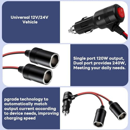 2in1 Car Charger Cigarette Lighter Splitter Adapter Fast Socket Car Charger with Switch for Phone Tablet