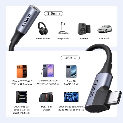 UGREEN Right Angle USB C to 3.5mm Audio Adapter Type C Aux Headphone Jack