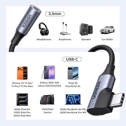 UGREEN Right Angle USB C to 3.5mm Audio Adapter Type C Aux Headphone Jack