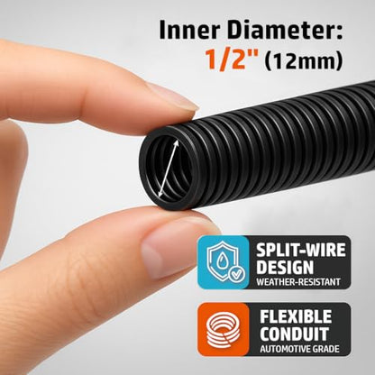 MGI SpeedWare Corrugated Split Conduit, Black Wire Tubing for High-Temperature Automotive Harness and Indoor Outdoor Wire Management (1/2" - 10ft) - size: 1/2" - 10ft