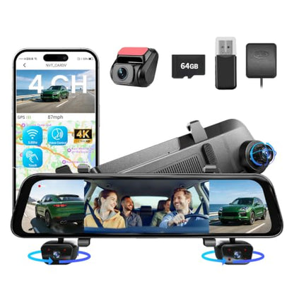 12'' Rear View Mirror Camera,4 Channel Mirror Dash Cam 4K+3x1080P,Dash cam Front Rear Inside Back up Camera,WiFi,GPS,Voice Control,8IR Night Vision,Parking Monitor,Free 64GB SD - size: 4 Channel Dash Cam+64GB