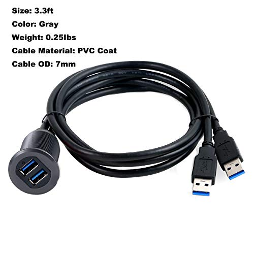 3.3ft Dual Ports USB 3.0 Flush Mount Cable, USB 2 Ports Male to 2 Ports Female Extender Dashboard Panel Mount Extension Cord for Car Truck Boat Motorcycle, Gray Metal Shell, LED Light