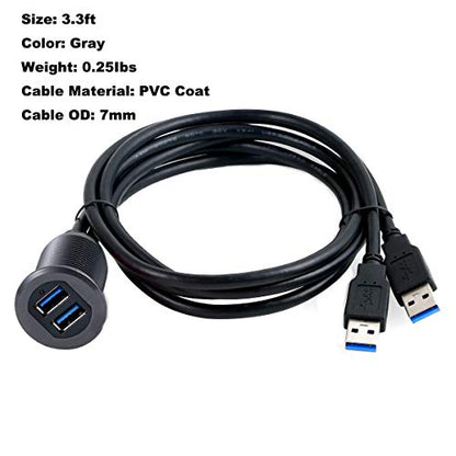 3.3ft Dual Ports USB 3.0 Flush Mount Cable, USB 2 Ports Male to 2 Ports Female Extender Dashboard Panel Mount Extension Cord for Car Truck Boat Motorcycle, Gray Metal Shell, LED Light