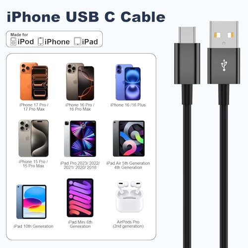 Car Carplay Cable for iPhone 17 16 15 Pro Max Air 6FT USB A to USB C Cable - color: Black, size: 6FT