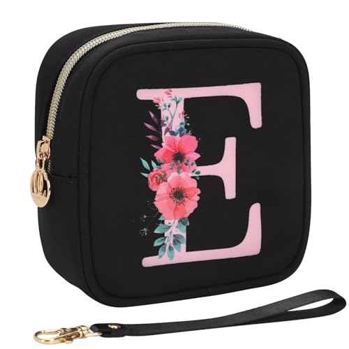 Relavel Initial Mini Makeup Bag for Girls, Small Makeup Bag for Purse with Zipper ＆ Removable Handle, Portable Makeup Pouch Lipstick Skincare Bag, Small Gift Cosmetic Bags for Women Girls(Black E) - size: A-Small, style: E