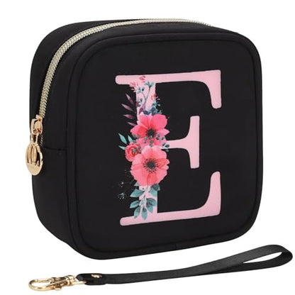 Relavel Initial Mini Makeup Bag for Girls, Small Makeup Bag for Purse with Zipper ＆ Removable Handle, Portable Makeup Pouch Lipstick Skincare Bag, Small Gift Cosmetic Bags for Women Girls(Black E) - size: A-Small, style: E
