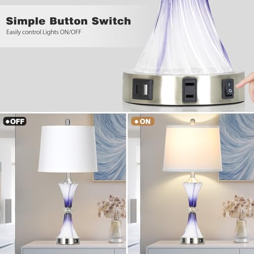 Rinweey Purple Glass Table Lamp Set of 2 with USB C+A Ports & AC Outlet, Bedside Lamp, Modern Bedroom Lamps, Crystal Lamp for Night Stands Bedroom Living Room,Nightstand Lamp LED Bulbs Included - color: Purple