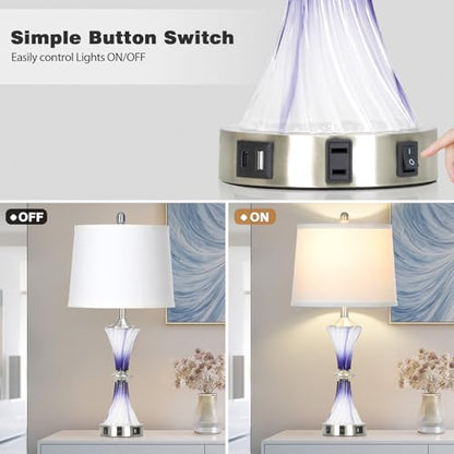 Rinweey Purple Glass Table Lamp Set of 2 with USB C+A Ports & AC Outlet, Bedside Lamp, Modern Bedroom Lamps, Crystal Lamp for Night Stands Bedroom Living Room,Nightstand Lamp LED Bulbs Included - color: Purple