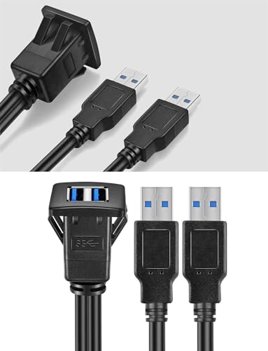 Dual USB3.0 Square Flush Mount - 1M 3ft USB 3.0 Extension Mount, Dash Mount, Flush Mount, Panel Mount Cable, for Car, Boat, Motorcycle (3 feet) (Pack of 2) - size: 3 feet (Pack of 2)