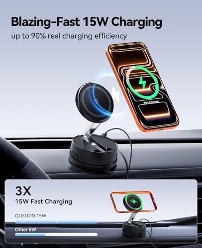 2026 Upgraded 15W MagSafe Car Mount Charger,Magnetic Wireless Car Charger,360° Rotatable Strong Hold Car Phone Mount with Vacuum Suction Cup & Nano Adhesive Base for iPhone 17 16 15 14 13 12,Samsung