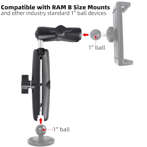 Dual Extension Double Socket Arm with 1" Double Ball Adapter Compatible with RAM B Size Mount and Other 1 inch Industry Standard Device, 360° Rotation Rod for Bike, Truck, Car (10.47" Length) - size: 10.47 " length