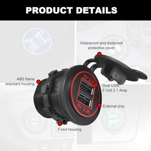 4.2A Dual USB Charger Socket, Waterproof Power Outlet 12V/24V 2.1A & 2.1A Quick Charge Socket, USB Charger Socket with Cap for Car Golf Cart Mobile RV ATV Truck Marine Boat (Red) - color: Red