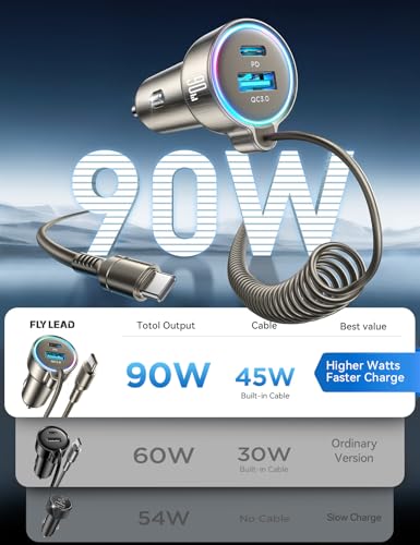 FLYLEAD 90W Car Charger USB C Fast Charge, PD45W for iPhone 17/16 Pro Max - color: Titanium - 5 FT