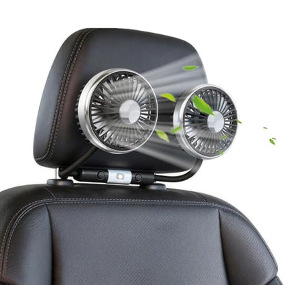 Car Fan for Backseat for Kids, Dual Head 360 Rotatable Cooling Fan with 3-Speed and Reading Light, USB Fan That Blows Cold Air for Car SUV RV Truck without AC, Silver