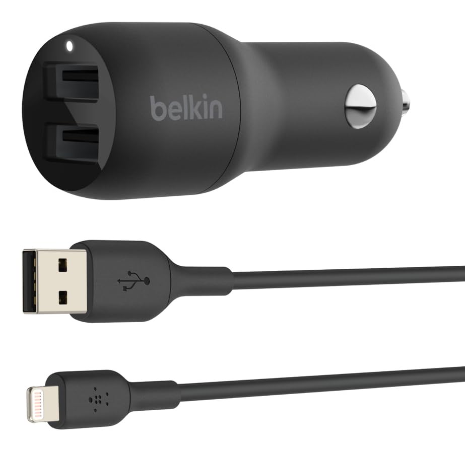 Belkin 24-Watt Dual USB Car Charger - 2 12W USB-A Ports with Lightning Cable - Fast Charging for Apple iPhone, Samsung Galaxy, AirPods, & More - USB-C Charger - size: 24W, style: Includes Lightning Cable