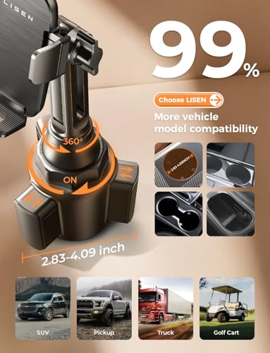 LISEN [Upgraded Version Cup Holder Phone Holder for Car, Universal 360° Adjustable Long Neck Car Phone Mount Golf Cart Truck Jeep, Compatible with iPhone Samsung Google & All 4.0-7.0 '' Phones