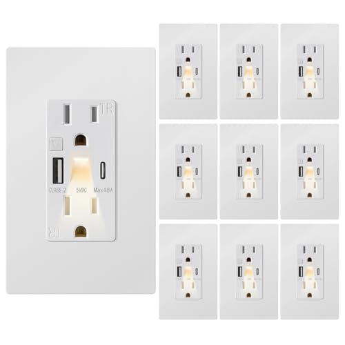 New Generation USB Outlet with LED Night Light (Manual), 5V 4.8A Tamper-Resistant USB Wall Outlets Receptacles with Type A & Type C Ports, Wallplate Included, ETL Listed, White (10 Pack)