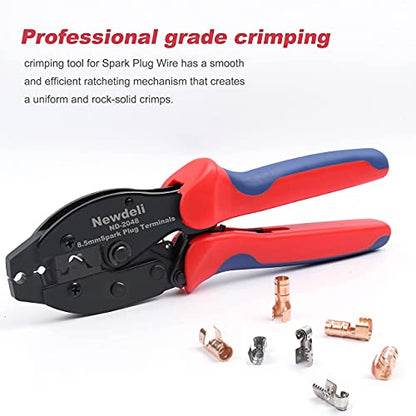 Spark Plug Wire Crimper, Newdeli Crimping Pliers for Spark Plug Stripping Tool, ND-2048 for Crimping and Stripping Spark Plug Wire, Dia 8.0-8.5mm,Ratchet spark plug wire crimping tool - style: ND-2048 for spark plug terminals