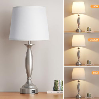 Bedroom Lamps for Nightstand, 3 Way Dimmable Silver Bedside Lamps with USB - color: B. White Shade & Nickel Base, size: Large（25.5 In）