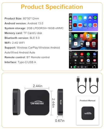 AI Box Magic Video Box, 4-in-1 Wireless CarPlay & Android Auto Adapter with Netflix YouTube TF Card Slot Convert Wired to Wireless, Dual WiFi, USB-A/USB-C Plug & Play Dongle for OEM Wired CarPlay Cars