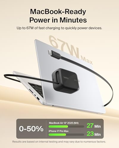 Belkin 67W GaN USB C Retractable Charger Block Fast Charging for Travel - color: Black, style: 67W