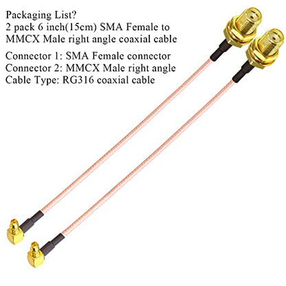 TUOLNK 2PCS SMA to MMCX Coax Cable, SMA Female to MMCX Male Right Angle 90 Degree Extension Coax Cable 6inch(15cm) Extender for Antenna, Radios - size: 6inch SMA Female