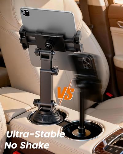 OHLPRO Car Cup Holder Tablet Mount for Truck & SUV, Heavy Duty iPad Holder for Car with Thick Case Friendly Deep Claws, 2.6-3.9" Expandable Base & Adjustable Extension Arm, Fits 5-17" Devices, Black