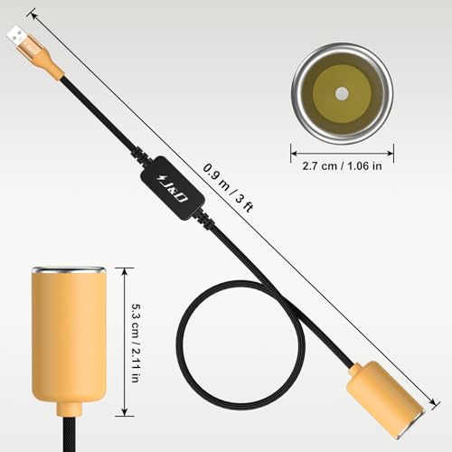 J&D USB A Male to 12V Car Cigarette Lighter Socket Female Converter Cable, 3 ft, 12V 18W Power Adapter, Compatible with Dash Cam, GPS, Car LED Light Strips, Yellow - color: Yellow, size: 3 Feet/ 90 CM