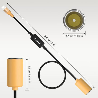 J&D USB A Male to 12V Car Cigarette Lighter Socket Female Converter Cable, 3 ft, 12V 18W Power Adapter, Compatible with Dash Cam, GPS, Car LED Light Strips, Yellow - color: Yellow, size: 3 Feet/ 90 CM