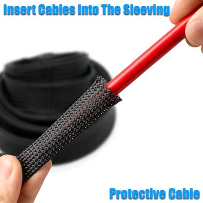 25ft PET Expandable Braided Cable Sleeve 1/2inch(12mm) Pet Braided Cable Sleeve for Audio Video Device Wire Automotive Wire (Black) - color: Black, size: 12mm"(1/2 inch)