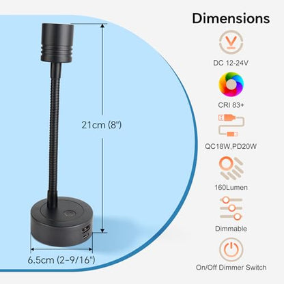 12V Dimmable Reading Light, RV LED Lamp with USB-A & USB-C Charger - color: Black