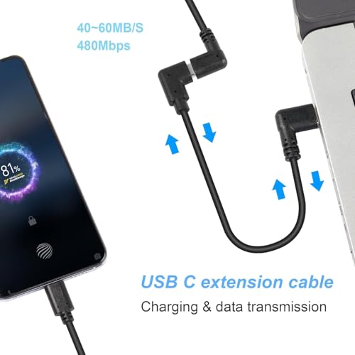 GINTOOYUN USB C Extension Cable, Right Angle Male to Female, 0.3m, Black, Supports PD60W Fast Charging, Compatible with Laptops, Tablets, Mobile Phones