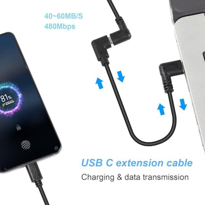 GINTOOYUN USB C Extension Cable, Right Angle Male to Female, 0.3m, Black, Supports PD60W Fast Charging, Compatible with Laptops, Tablets, Mobile Phones